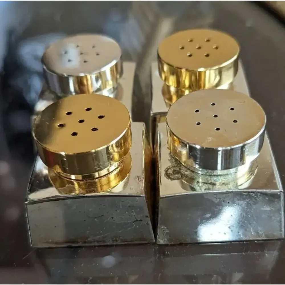 MCM Atomic Chrome Gold Salt Pepper Shakers Set Japan 1960s Mod Cube